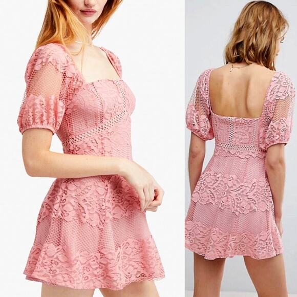 Free People M Lace Be Your Baby Mini Dress Puff Sleeve Square Neck Mauve Pink - Picture 1 of 11